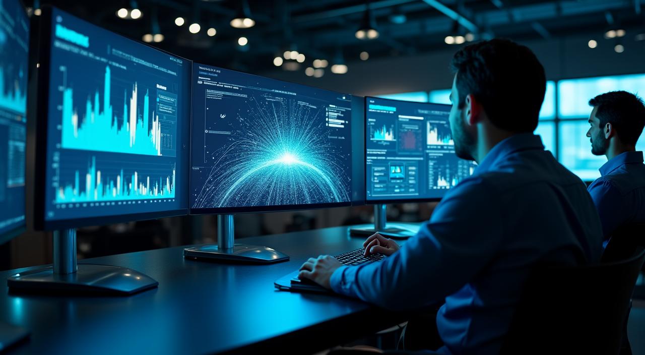 Concetto di dashboard AI futuristica con ologrammi e grafici predittivi