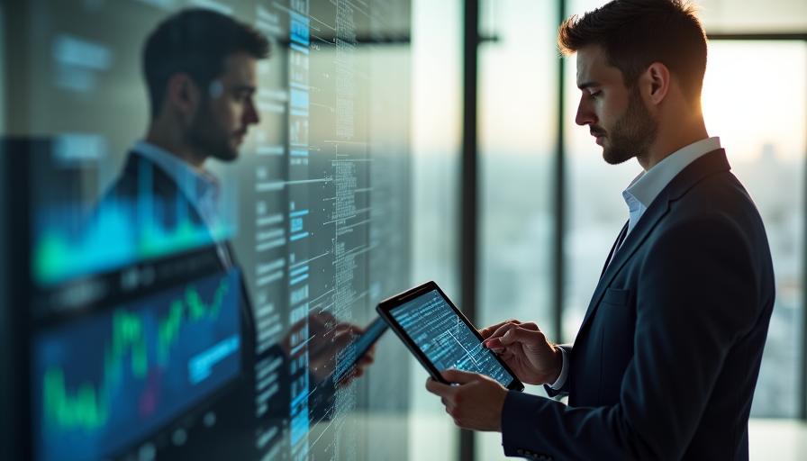 Manager che analizza dati su uno schermo touchscreen avanzato